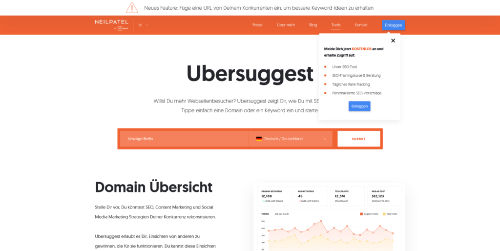 Ubersuggest - kostenlose Keywords fürs Content Marketing